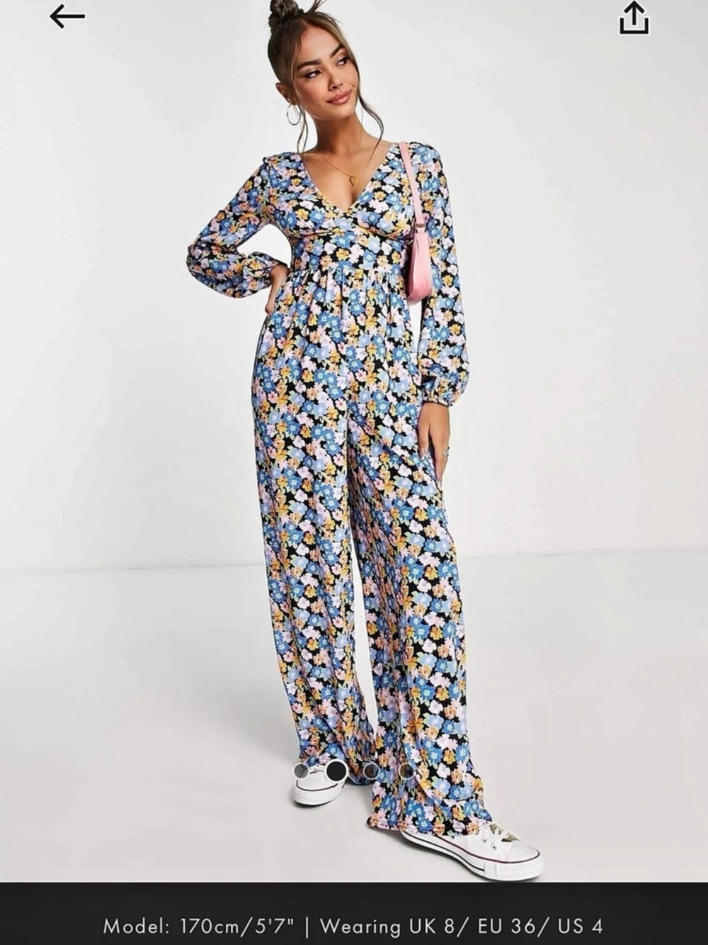 ASOS Floral Wide-Leg Jumpsuit in Blue & Pink Size Medium